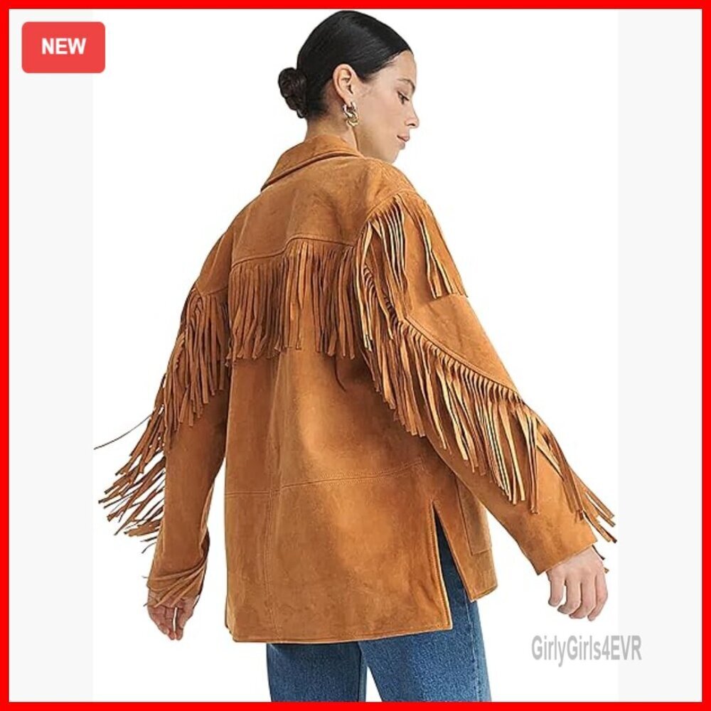 Faux Suede Fringe Jacket Oversized Western Style with Pockets